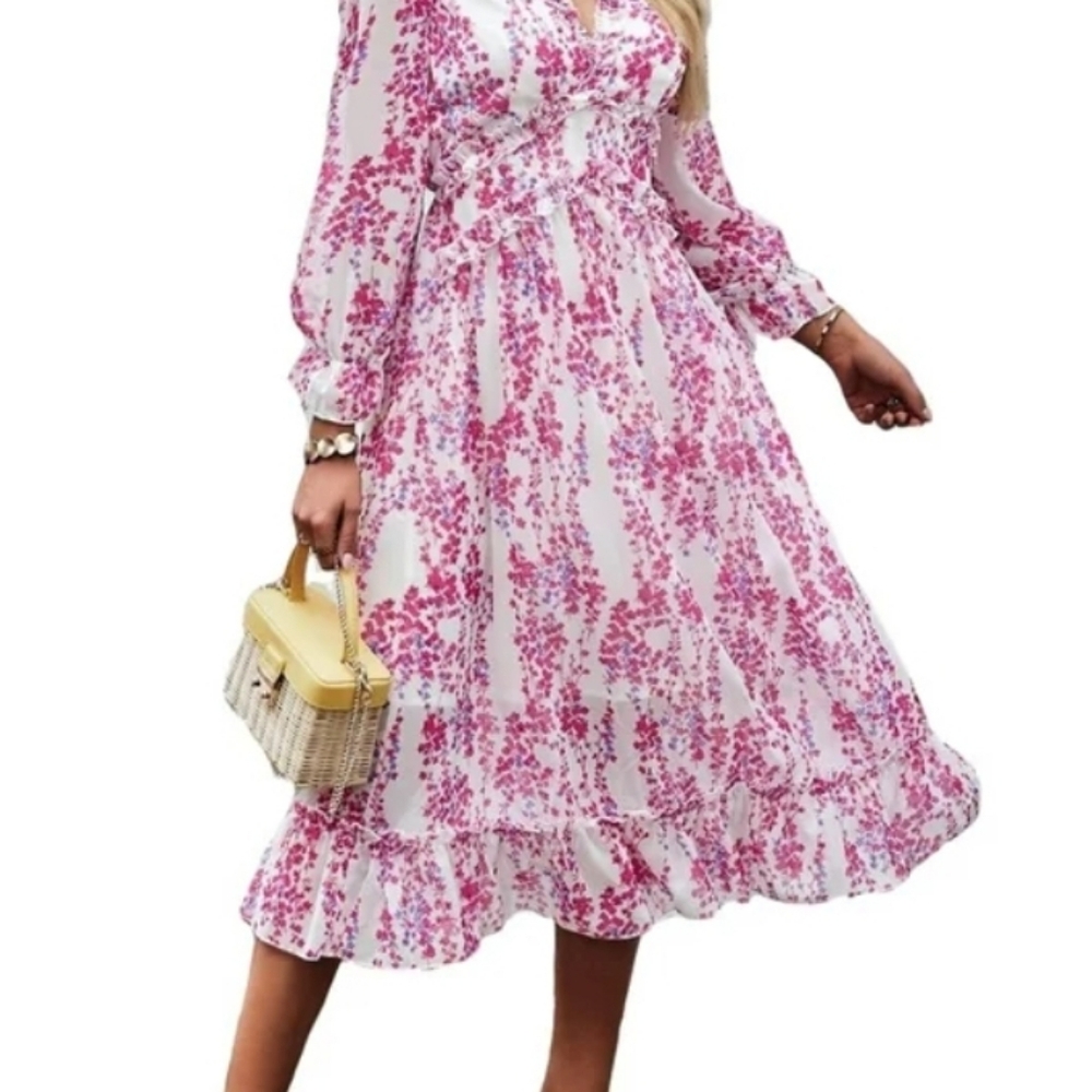 BOHO Women's Floral Print Long Sleeve Ruffle Hem size 8/10 - Picture 2 of 4